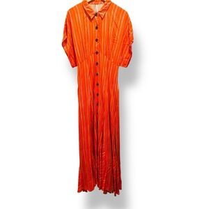 Free People Women's Medium Orange‎ Metallic Stripe Maxi Dress Boho Festival Tie